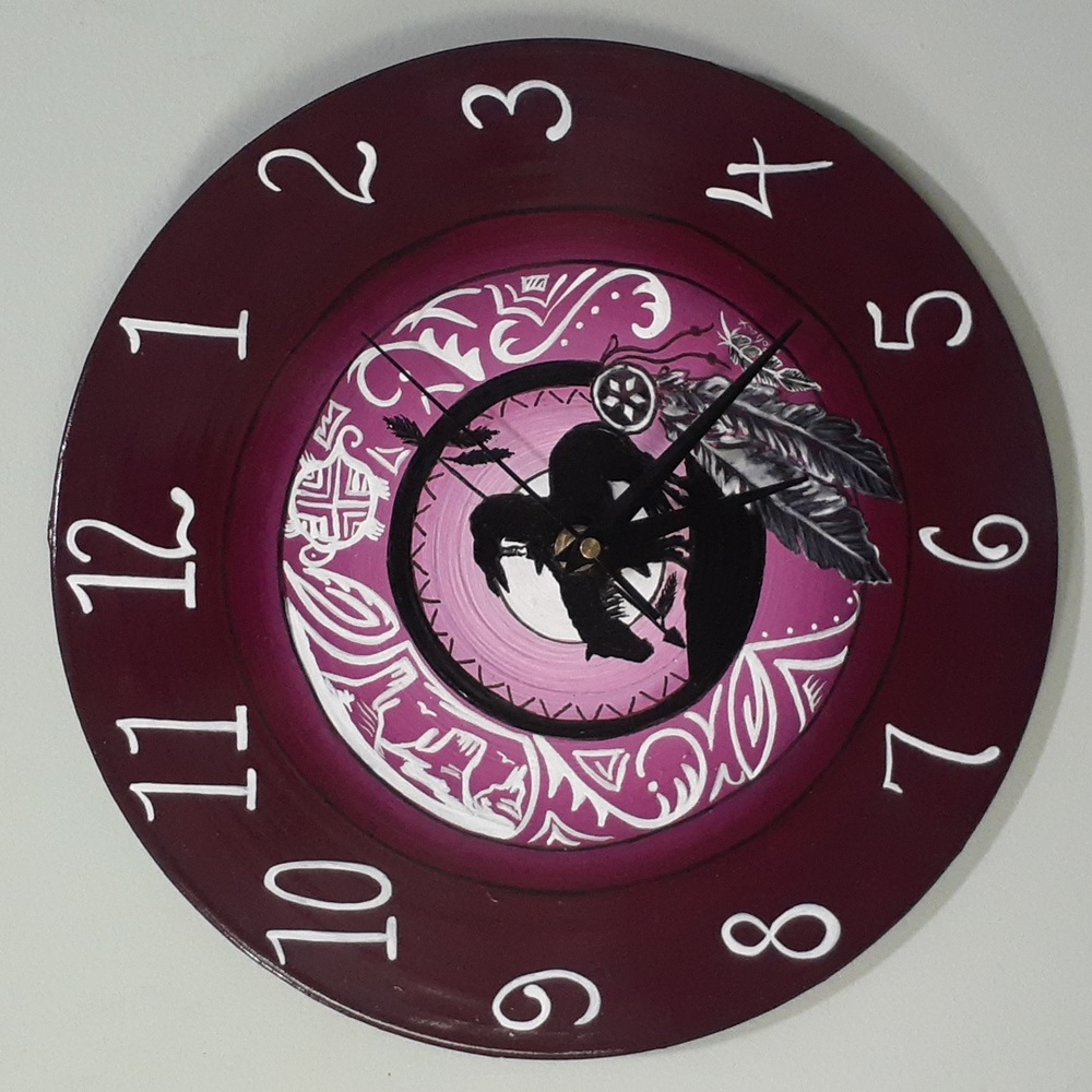 Hand Crafted Native American Clock Repurposed Upcycled Vinyl Record Handpainted
